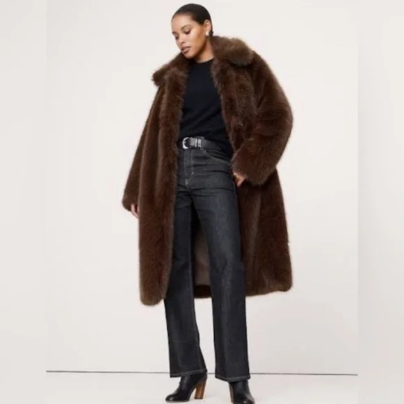 New $350 Banana Republic Faux Fur Long Brown Coat Jacket Small NWT - Picture 4 of 8